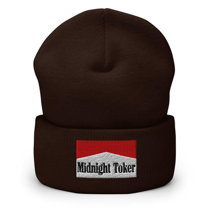 Midnight Toker Embroidered Knit Cuffed Beanie - Brown
