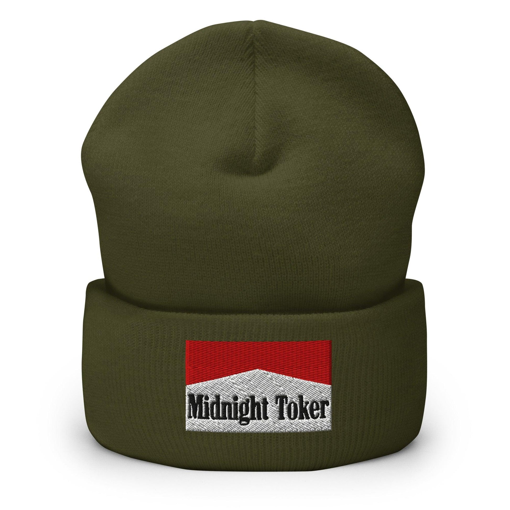 Midnight Toker Embroidered Knit Cuffed Beanie - Olive