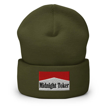 Midnight Toker Embroidered Knit Cuffed Beanie - Olive