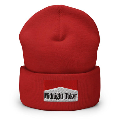 Midnight Toker Embroidered Knit Cuffed Beanie - Red