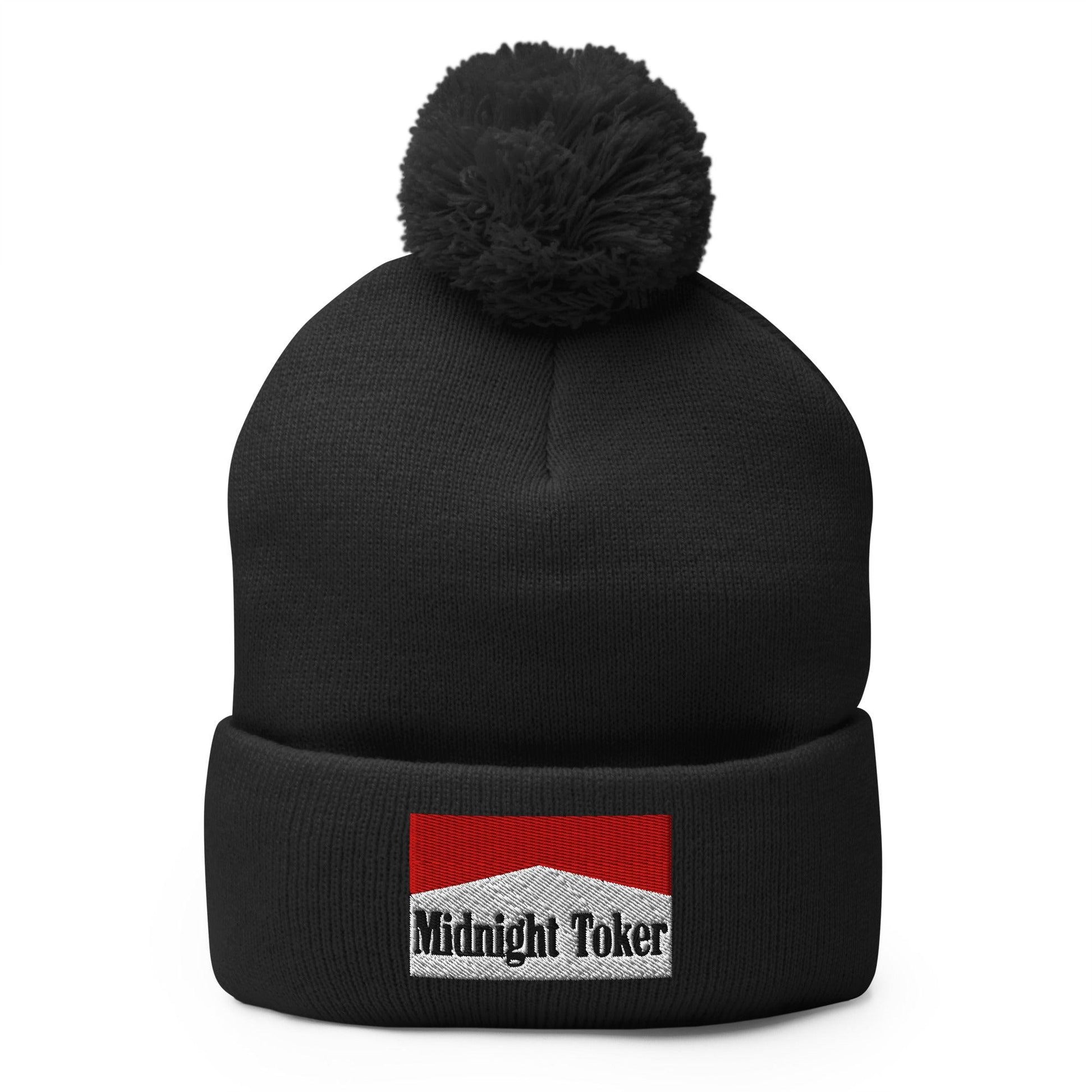 Midnight Toker Embroidered Knit Pom Beanie - Black