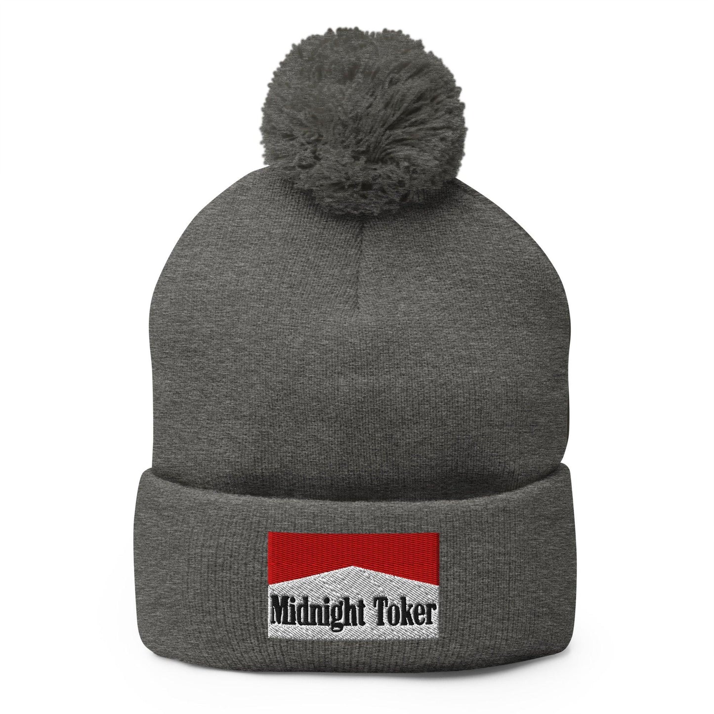 Midnight Toker Embroidered Knit Pom Beanie - Dark Heather Grey
