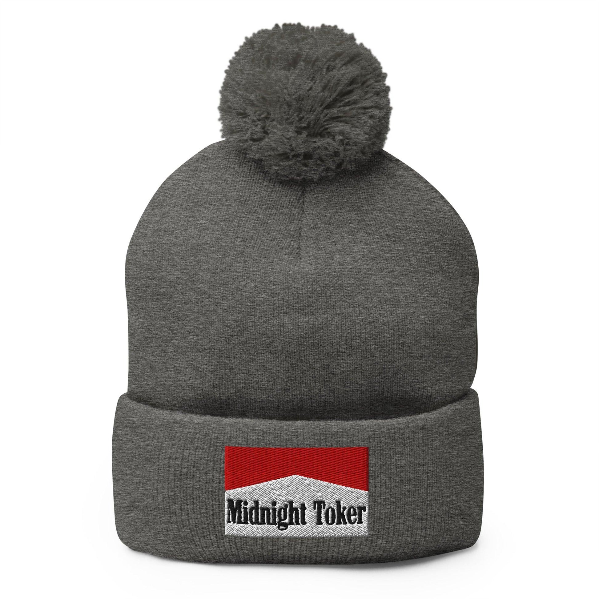 Midnight Toker Embroidered Knit Pom Beanie - Dark Heather Grey