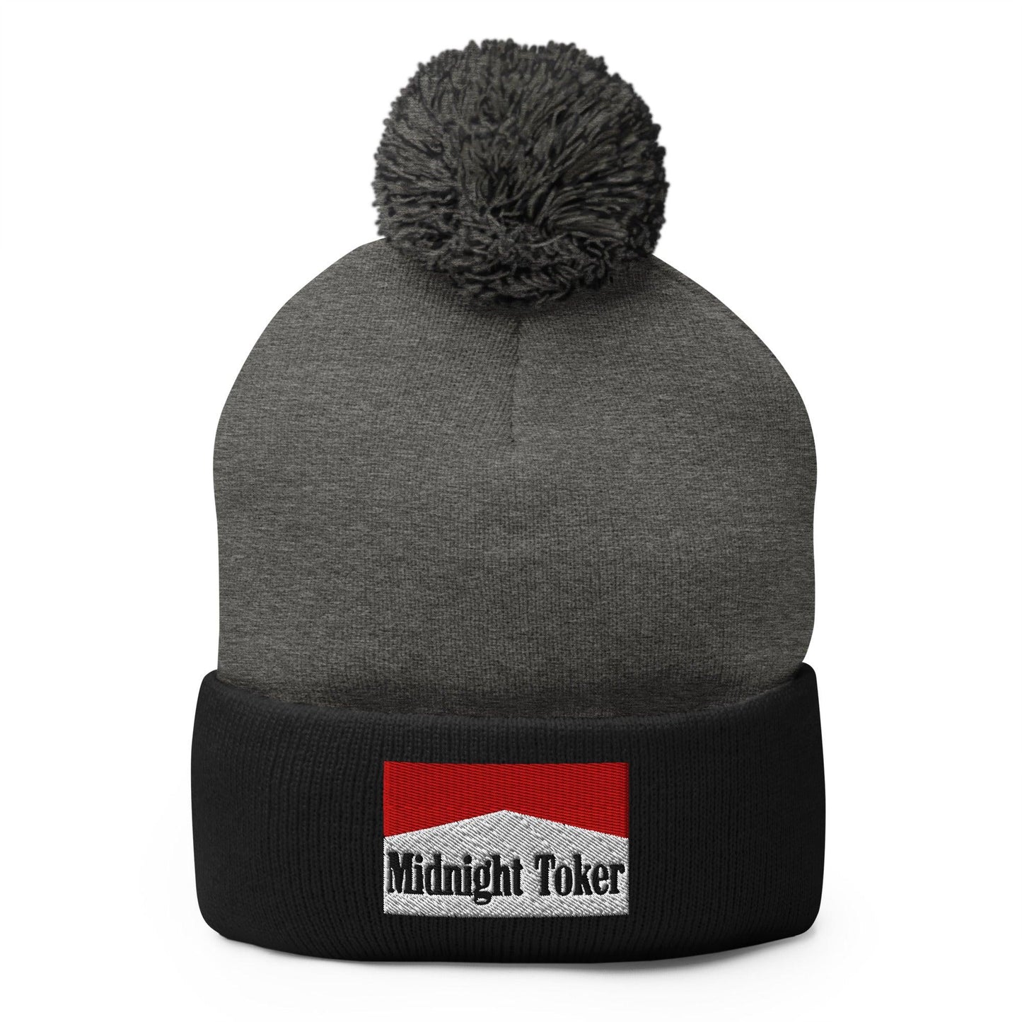 Midnight Toker Embroidered Knit Pom Beanie - Dark Heather Grey/ Black