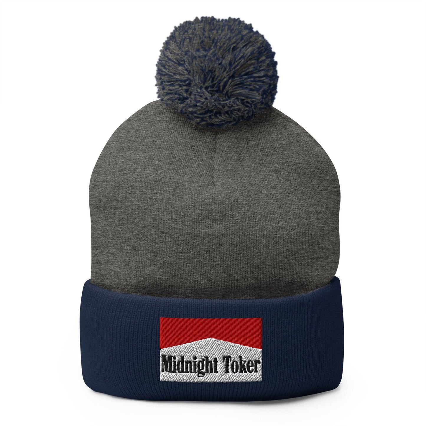 Midnight Toker Embroidered Knit Pom Beanie - Dark Heather Grey/ Navy