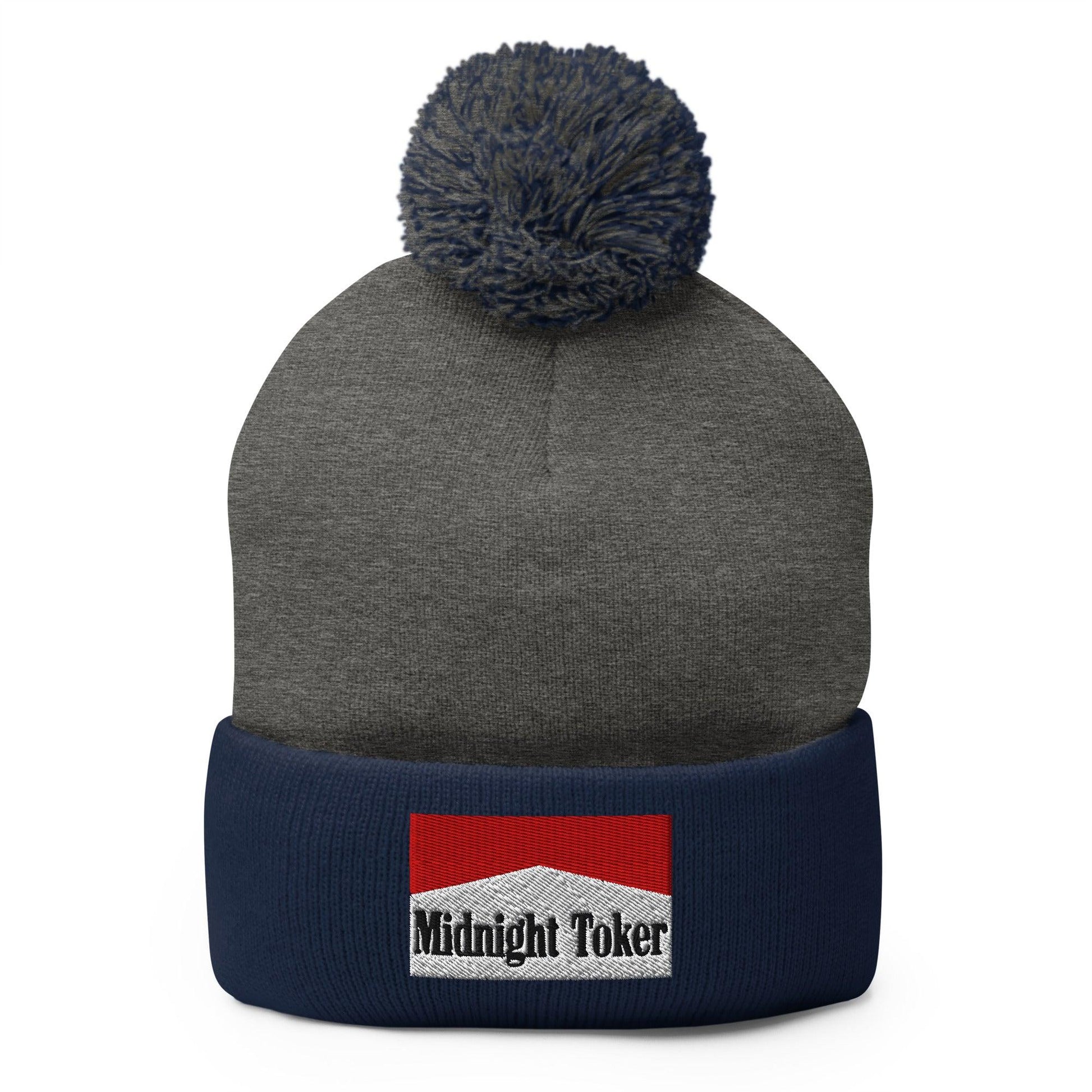 Midnight Toker Embroidered Knit Pom Beanie - Dark Heather Grey/ Navy