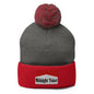 Midnight Toker Embroidered Knit Pom Beanie - Dark Heather Grey/ Red