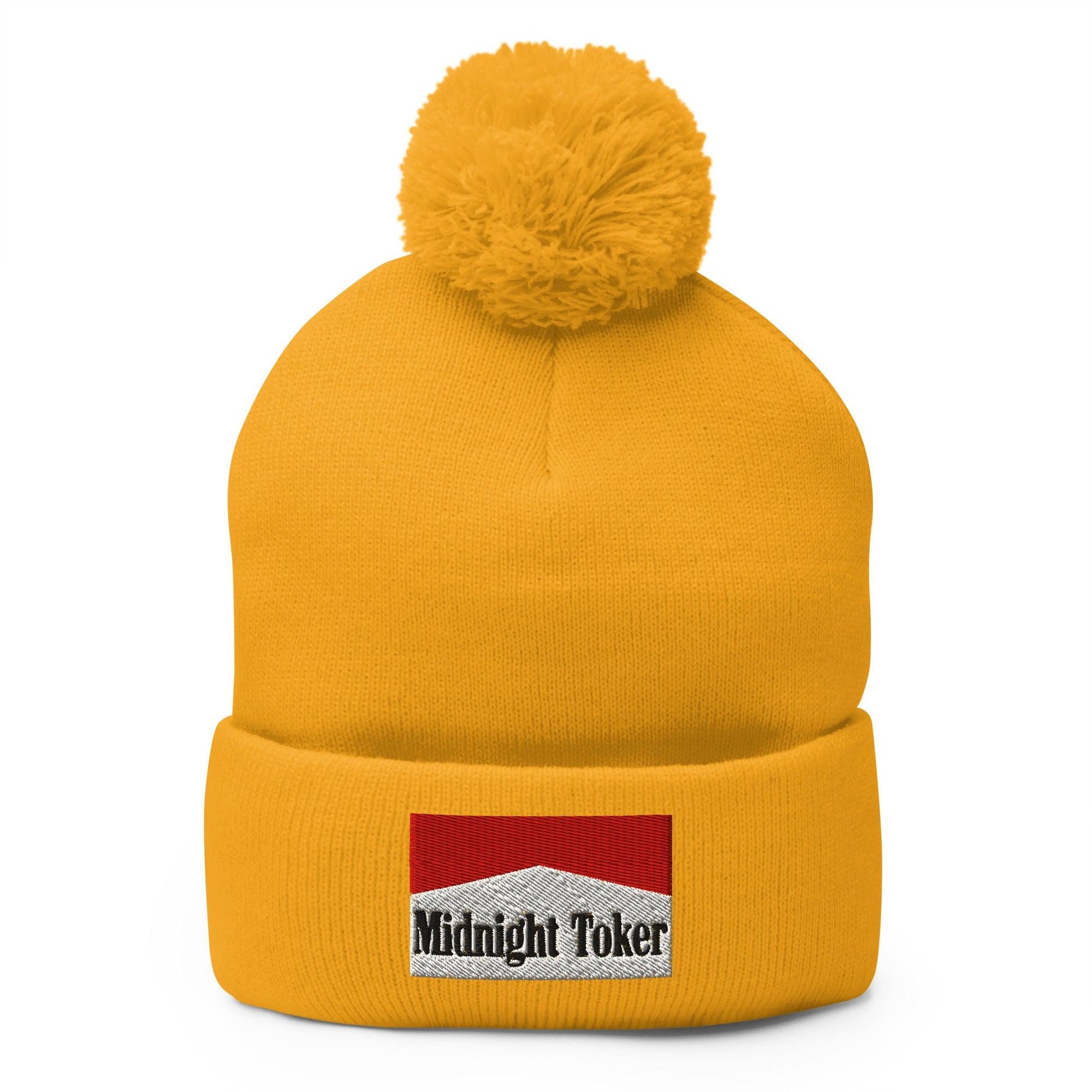 Midnight Toker Embroidered Knit Pom Beanie - Gold