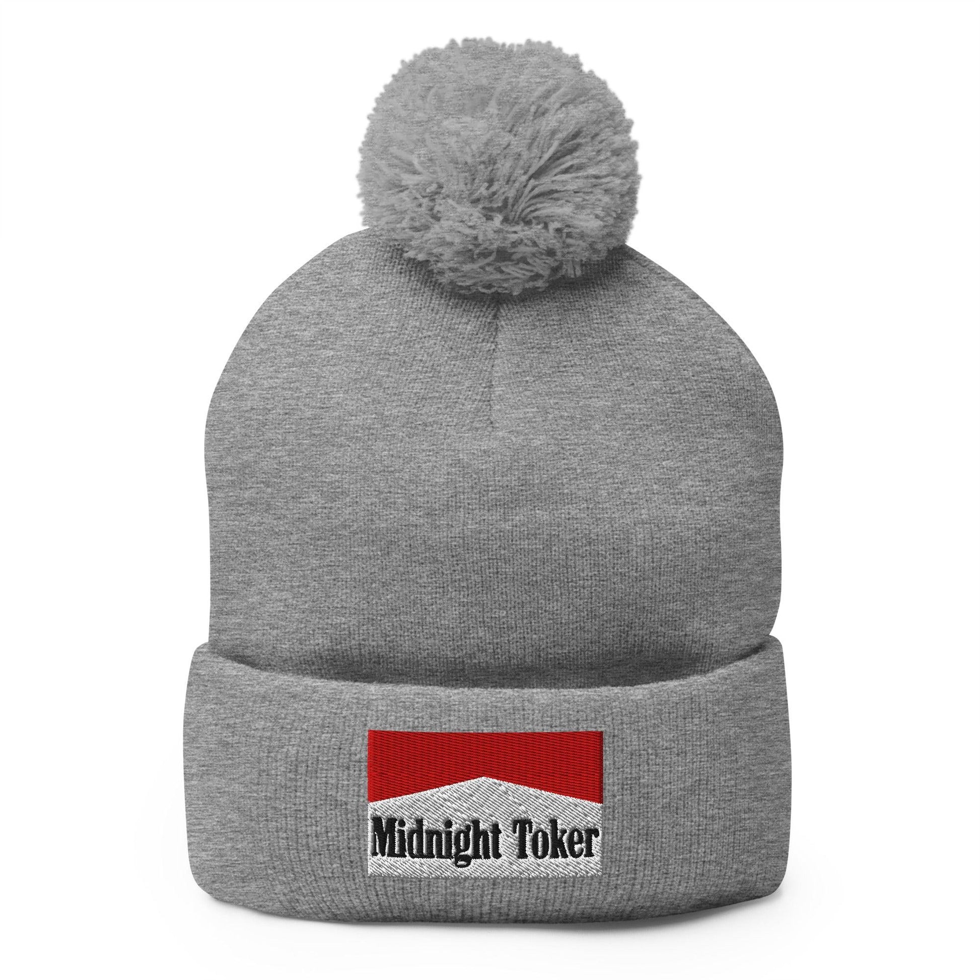 Midnight Toker Embroidered Knit Pom Beanie - Heather Grey