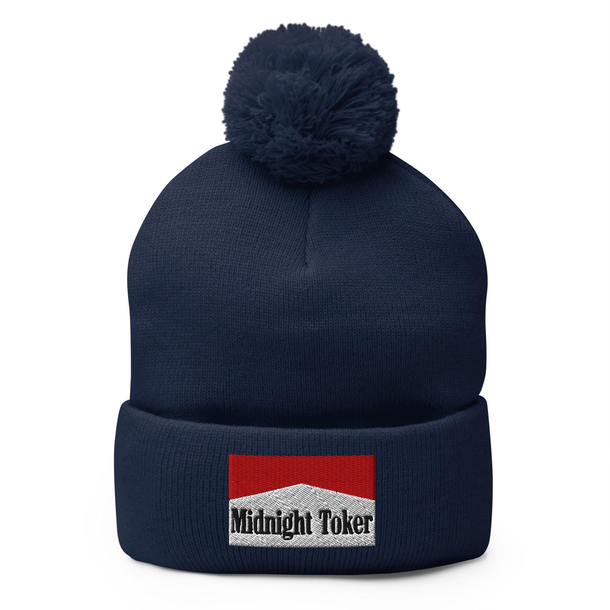Midnight Toker Embroidered Knit Pom Beanie - Navy