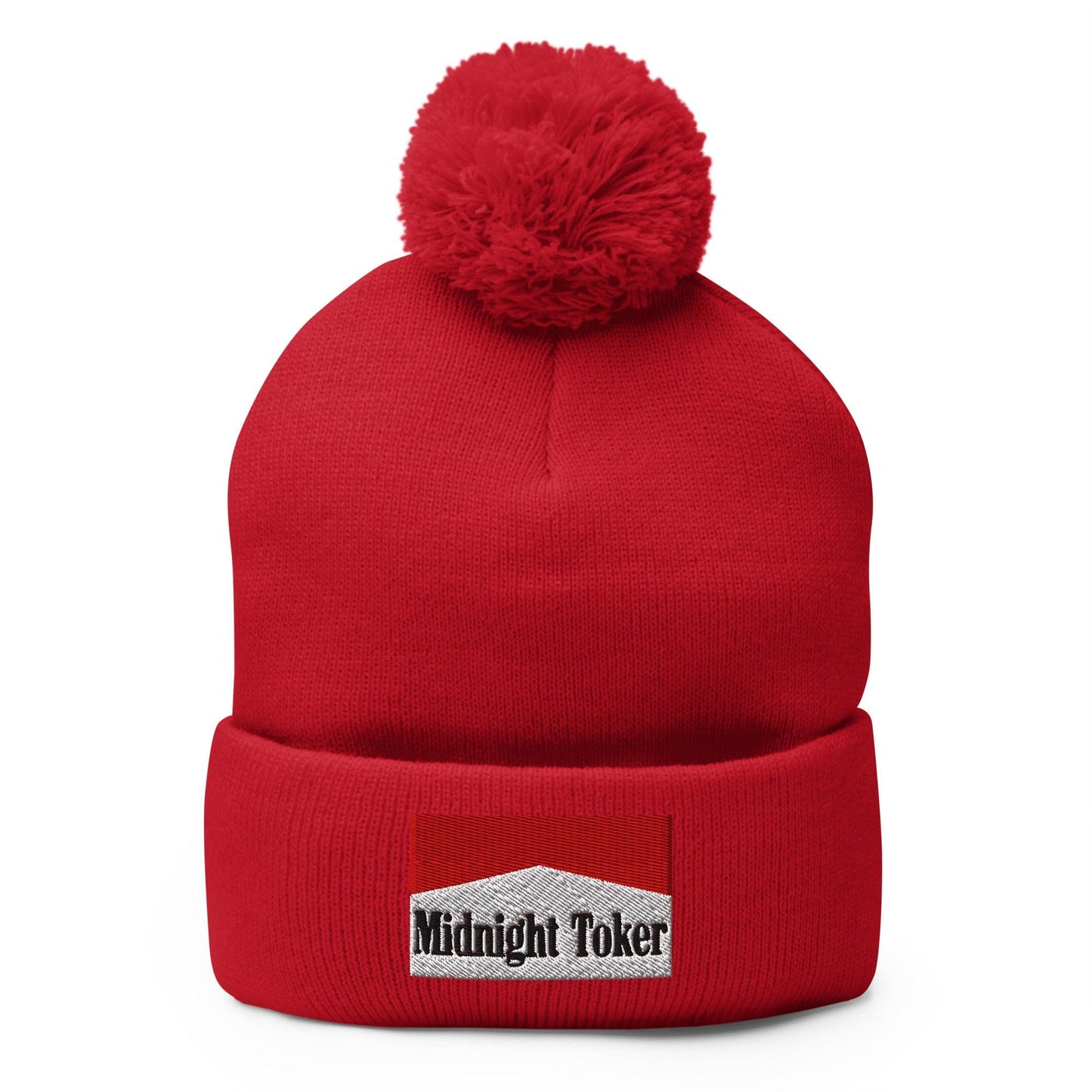 Midnight Toker Embroidered Knit Pom Beanie - Red