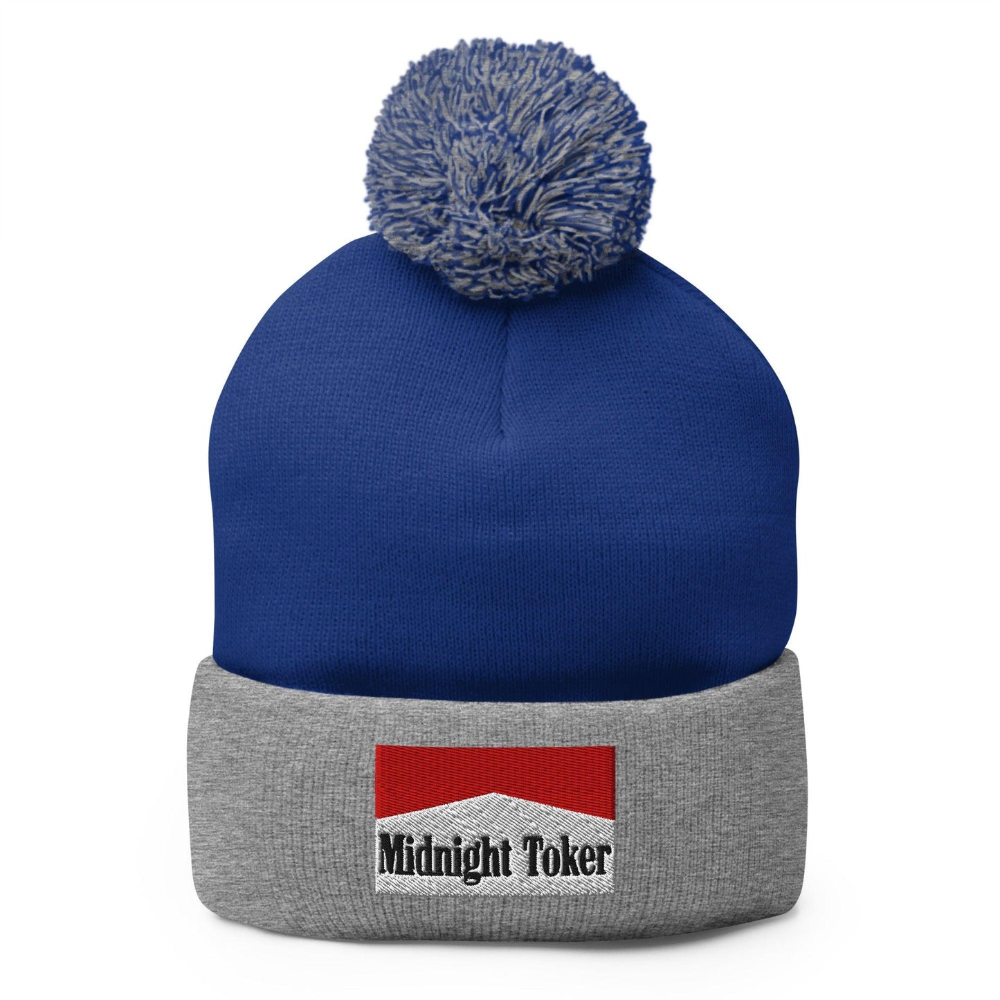 Midnight Toker Embroidered Knit Pom Beanie - Royal/ Heather Grey