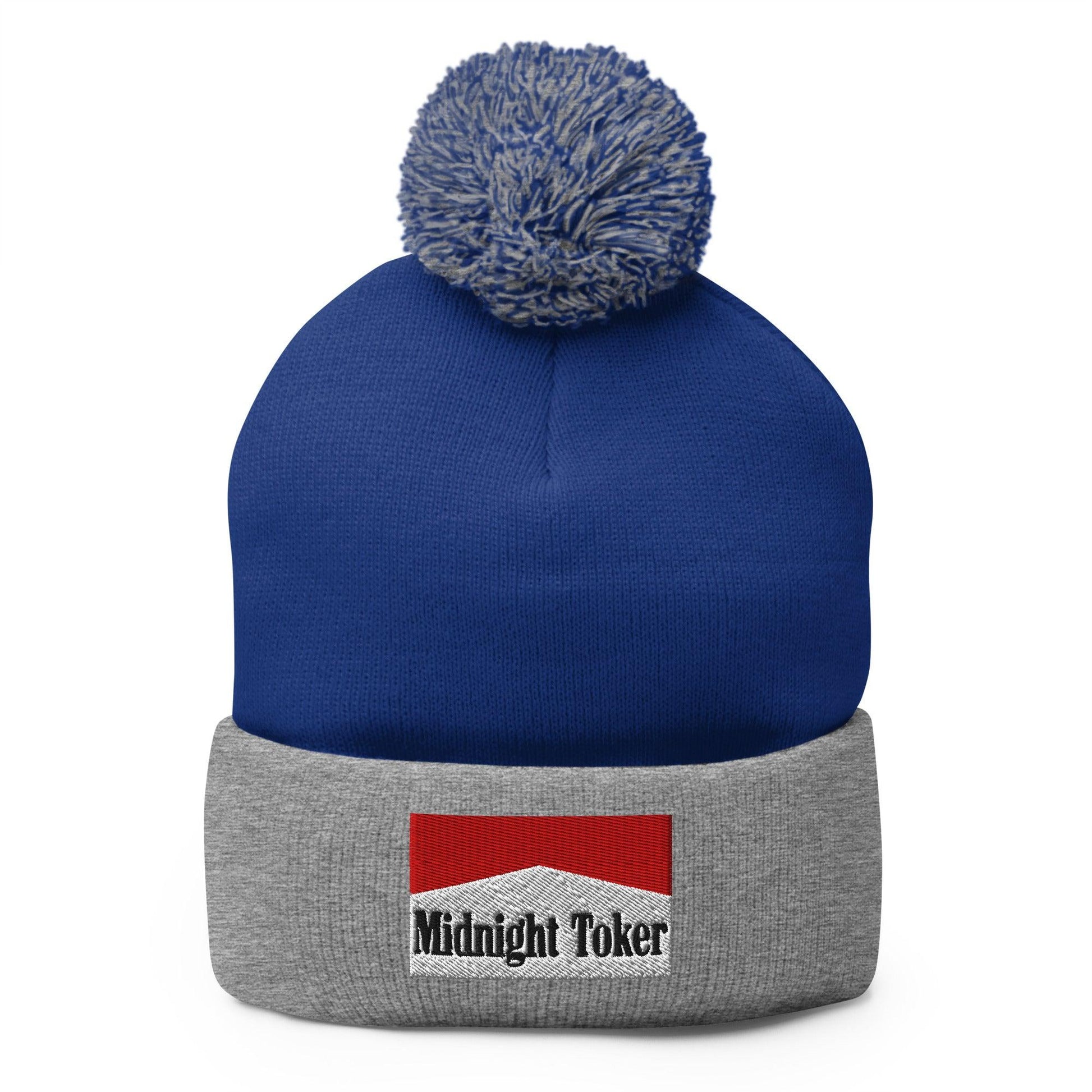 Midnight Toker Embroidered Knit Pom Beanie - Royal/ Heather Grey