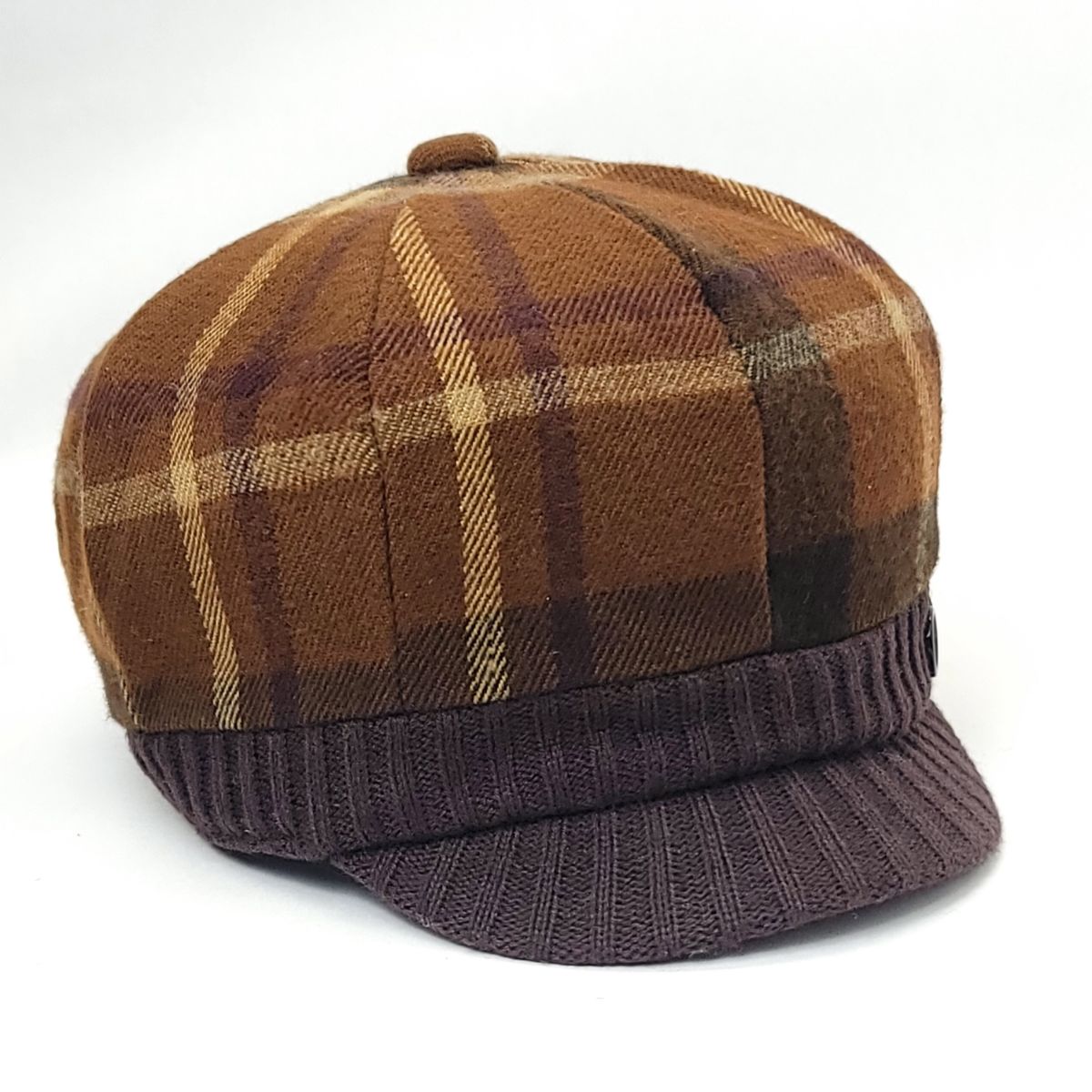 Newsboy Hat - Plaid Pattern Brown with Knitted Visor - OSFA