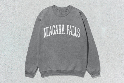 Gray Niagara Falls sweatshirt showcasing custom apparel and screen printing design