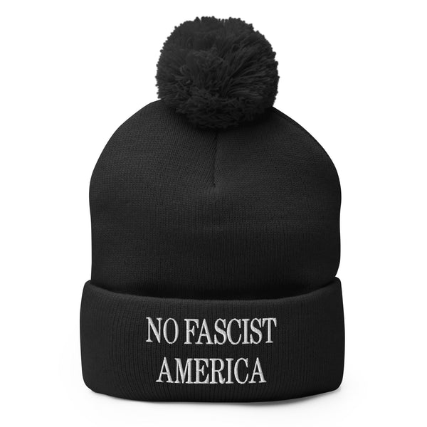 No Fascist America Embroidered Pom Pom Knit Beanie - Black