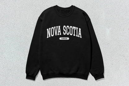 Black unisex heavy blend crewneck sweatshirt with Nova Scotia and Canada text, ideal for custom apparel