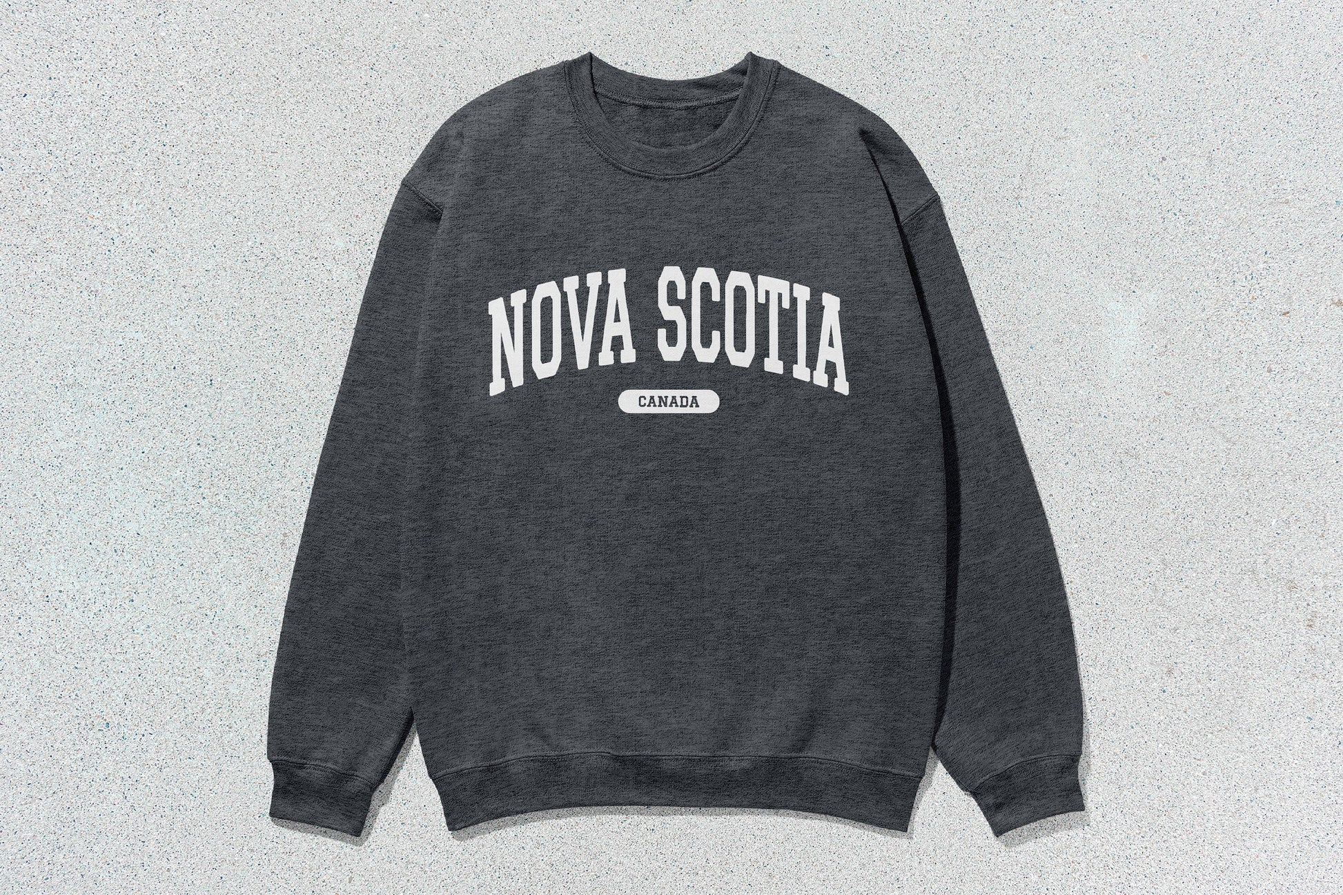 Gray unisex heavy blend crewneck sweatshirt featuring Nova Scotia custom apparel text