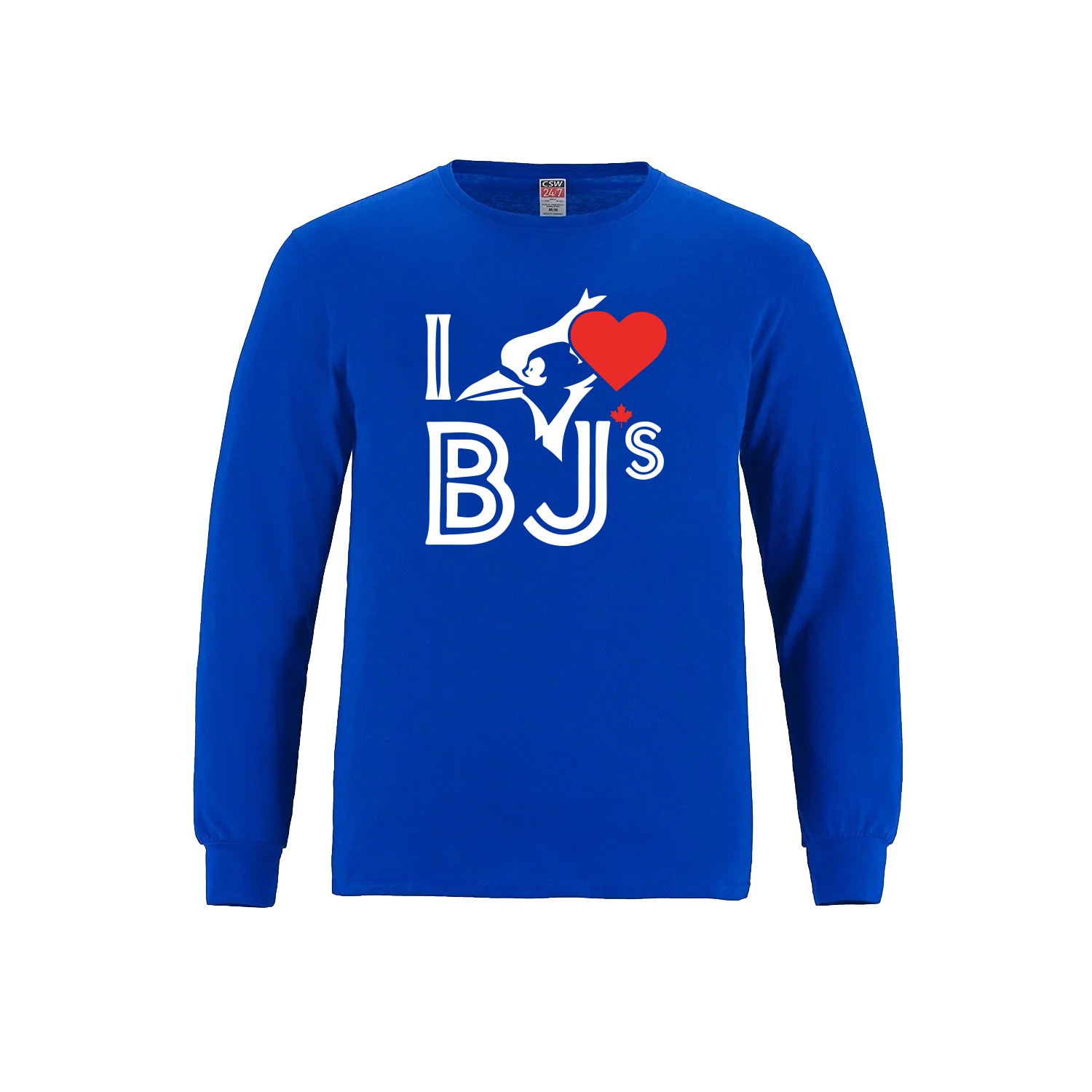 Royal blue long sleeve t-shirt with I love BJs graphic, perfect for casual wear