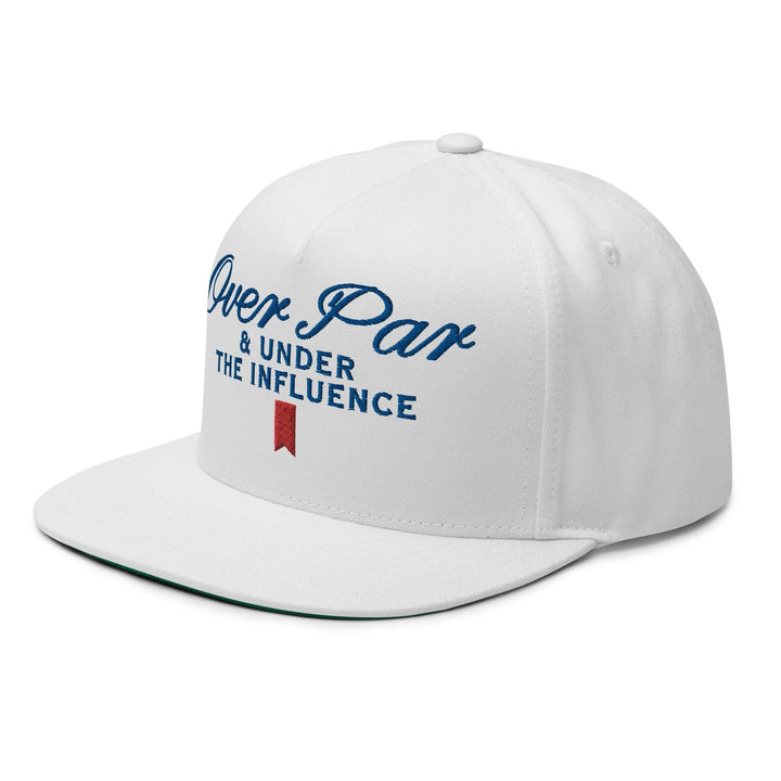Over Par and Under the Influence Flat Bill Brim 5 Panel Snapback Hat - White