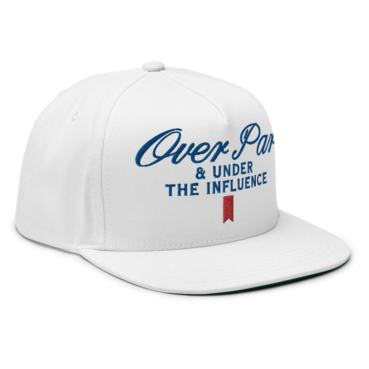 Over Par and Under the Influence Flat Bill Brim 5 Panel Snapback Hat - White