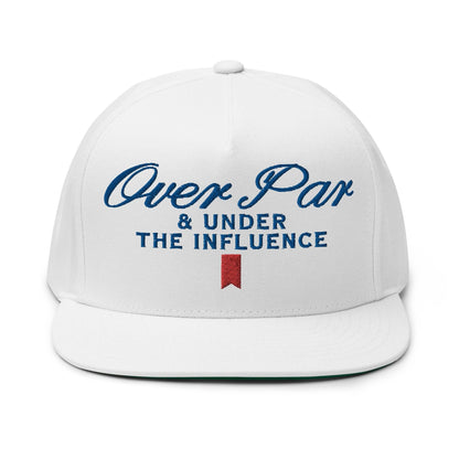 Over Par and Under the Influence Flat Bill Brim 5 Panel Snapback Hat - White - Headwear