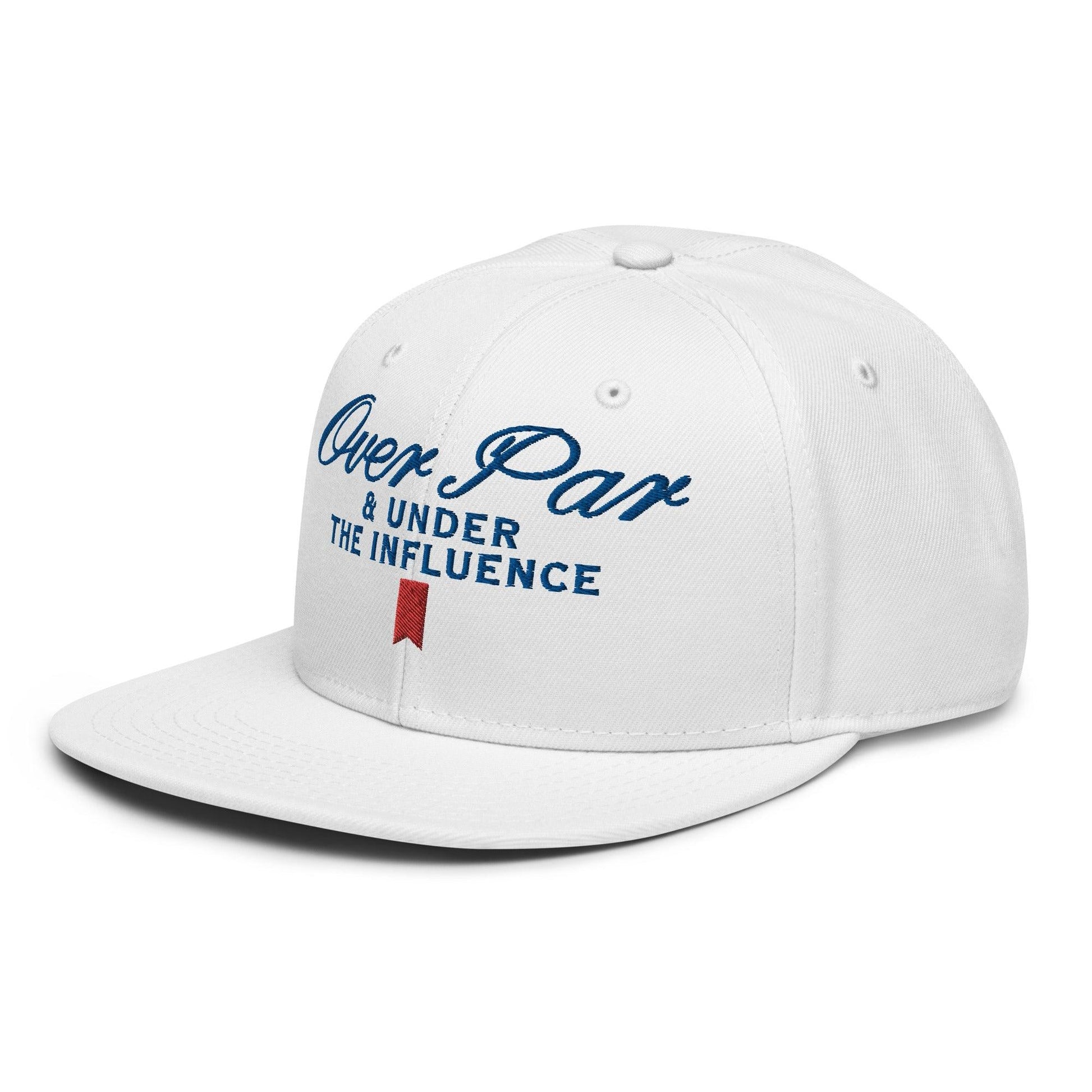 Over Par and Under the Influence Flat Bill Brim Snapback Hat - White - Headwear