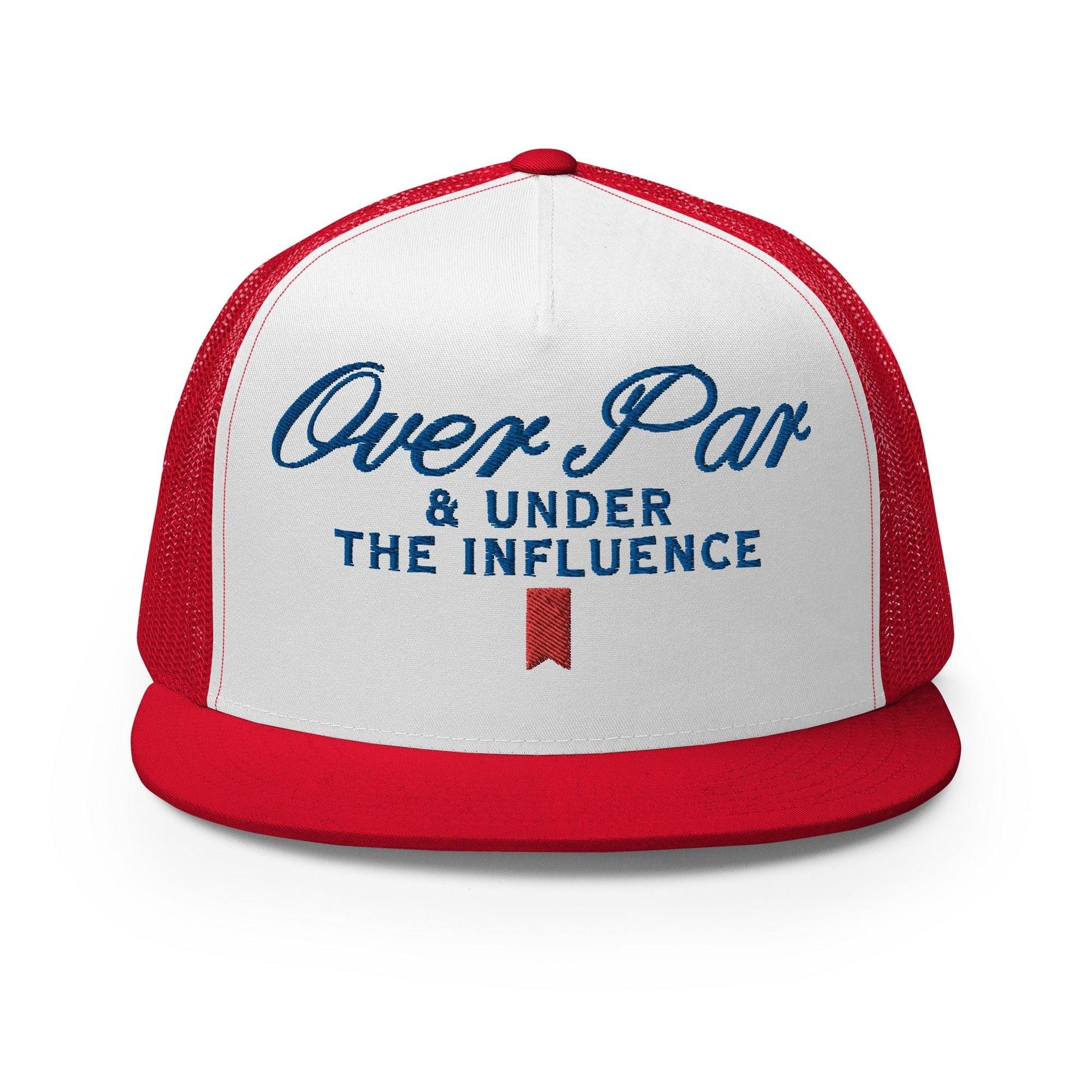 Over Par and Under the Influence Flat Bill Brim Trucker Hat - Red/ White/ Red - Headwear