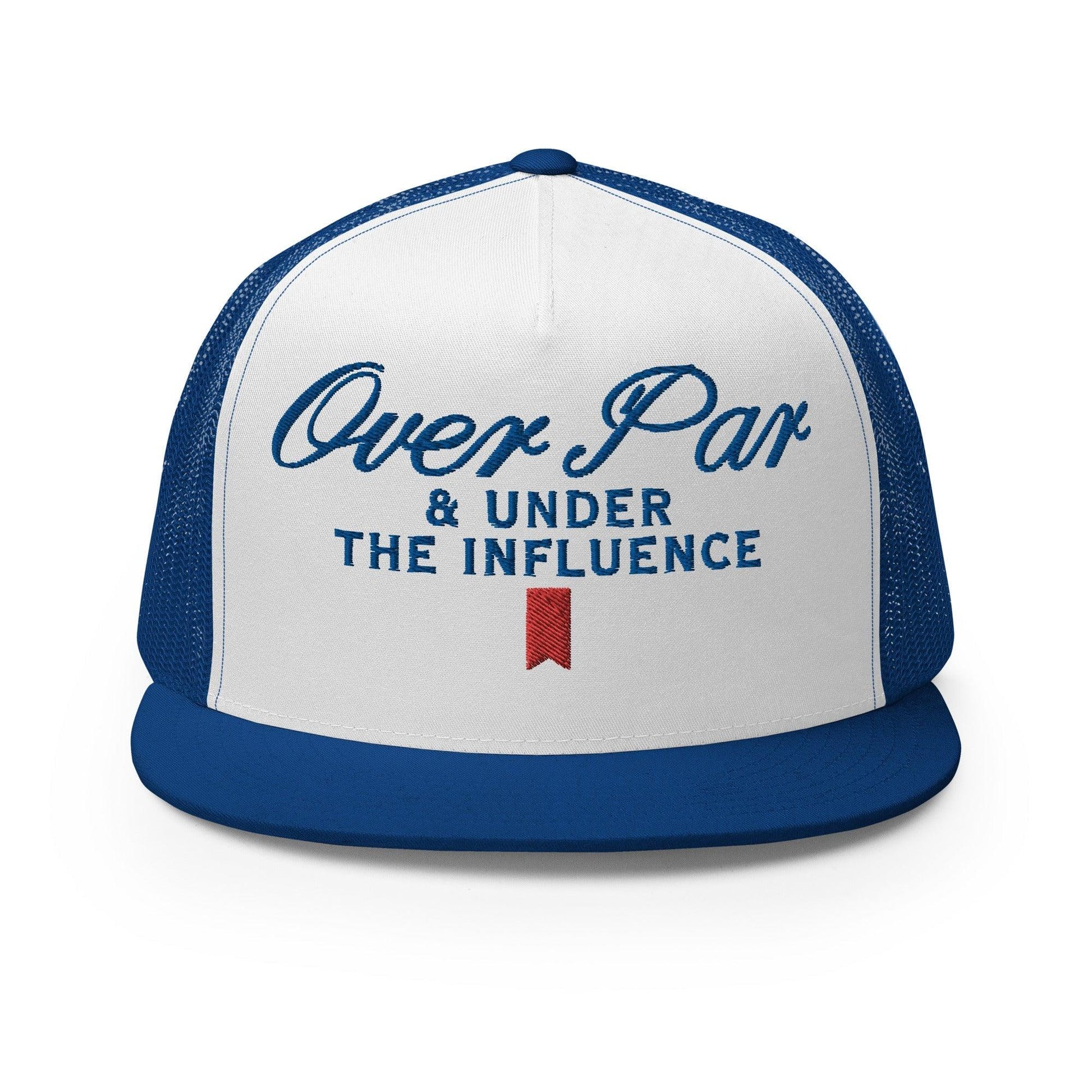 Over Par and Under the Influence Flat Bill Brim Trucker Hat - Royal/ White/ Royal - Headwear