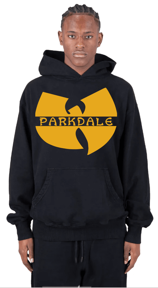 Black Parkdale Tribute Hoodie with Wu-Tang Inspired Yellow Logo for Streetwear Style