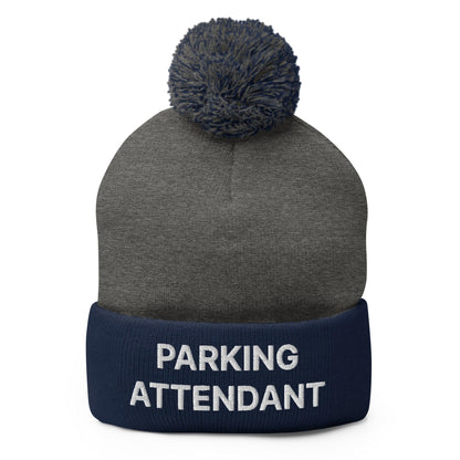 Parking Attendant Uniform Embroidered Knit Pom Beanie - Dark Heather Grey/ Navy