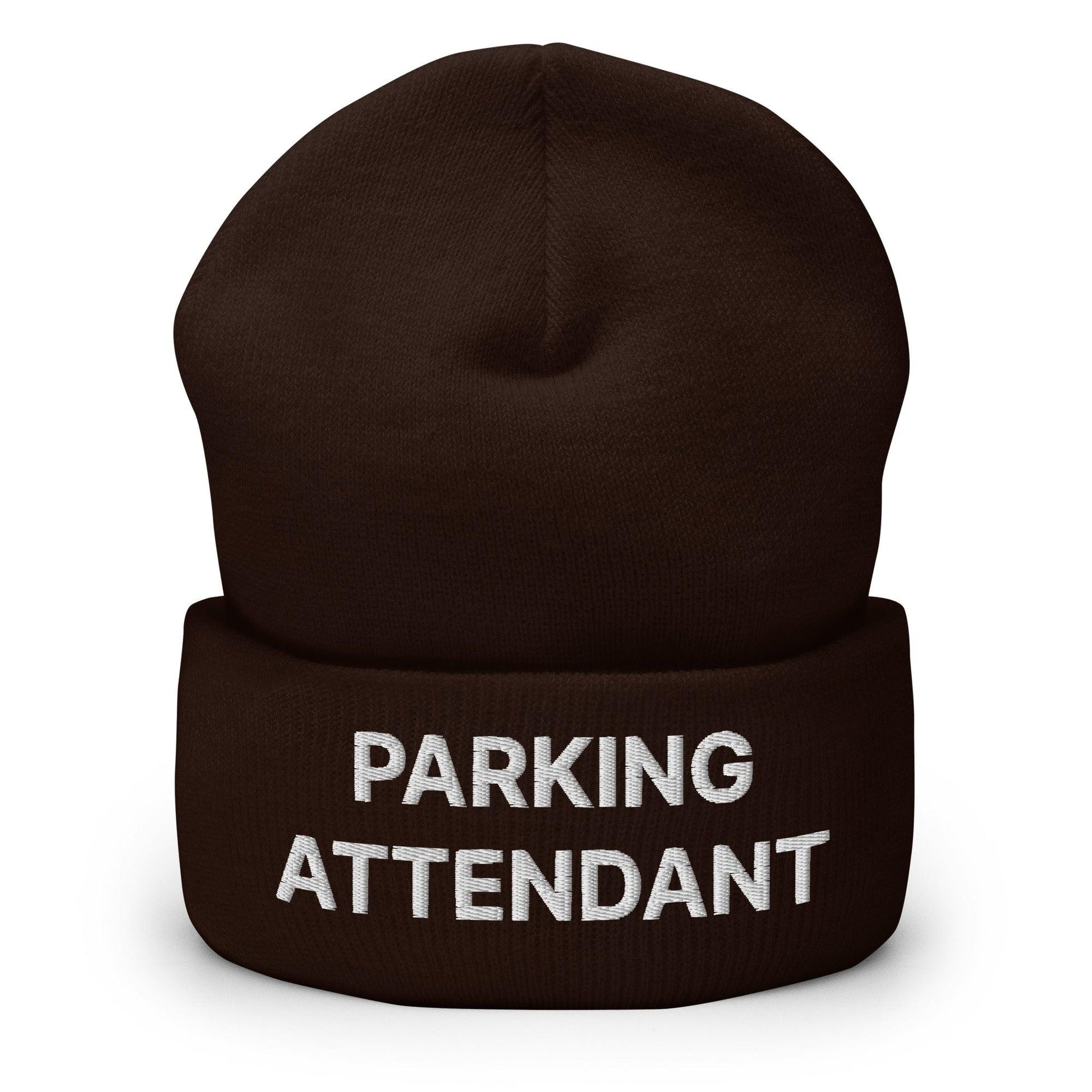 Parking Attendant Uniform Work Embroidered Knit Cuffed Beanie - Brown