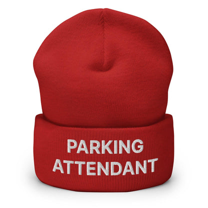 Parking Attendant Uniform Work Embroidered Knit Cuffed Beanie - Red