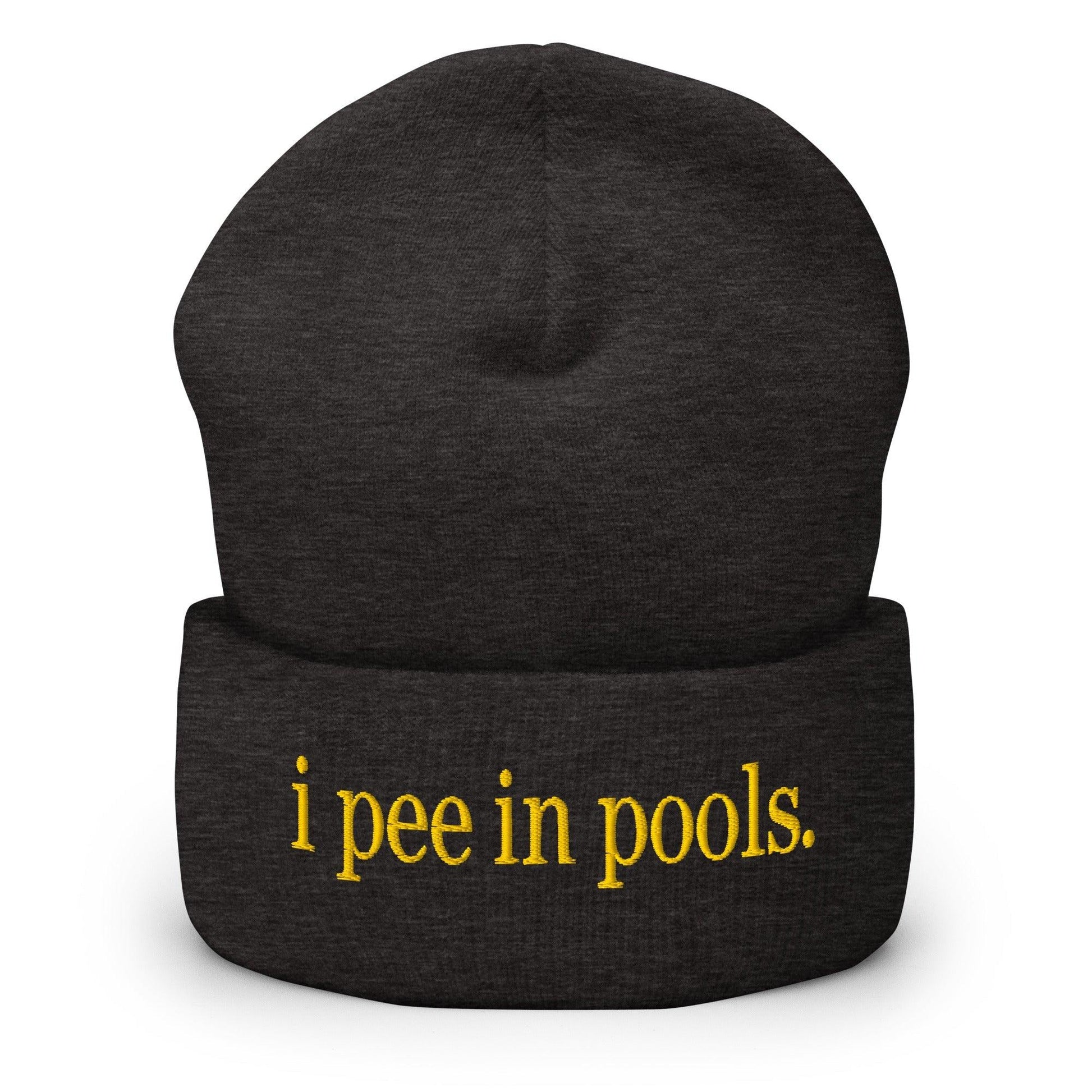 I Pee in Pools Embroidered Knit Cuffed Beanie - Dark Grey