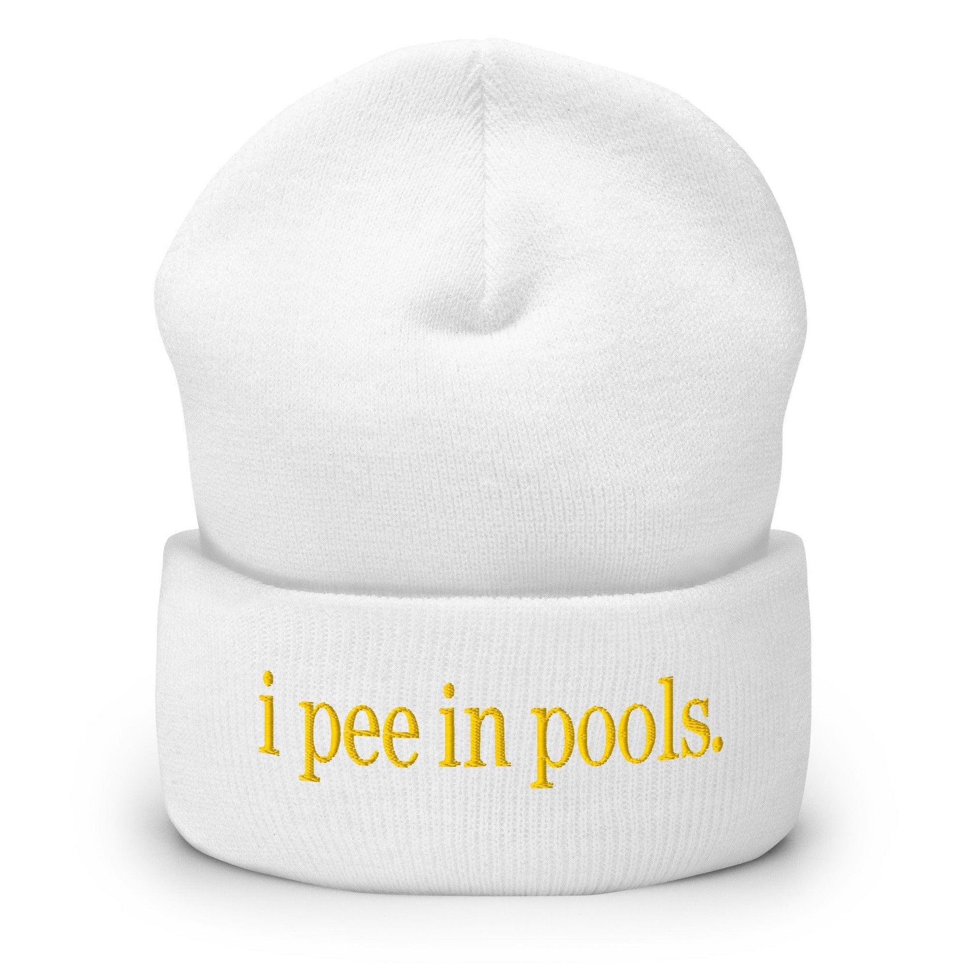 I Pee in Pools Embroidered Knit Cuffed Beanie - White