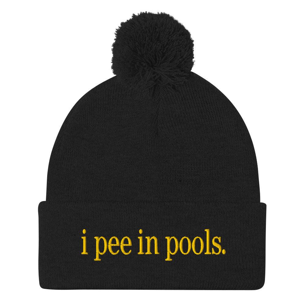 I Pee in Pools Embroidered Knit Pom Beanie - Black