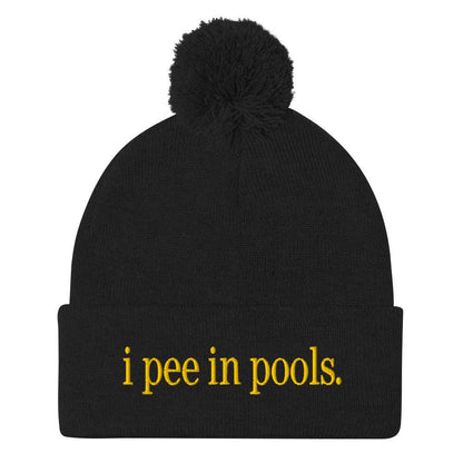 I Pee in Pools Embroidered Knit Pom Beanie - Black