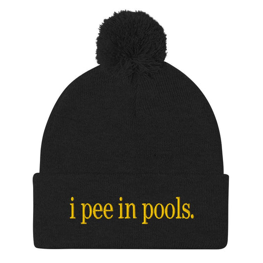 I Pee in Pools Embroidered Knit Pom Beanie - Black