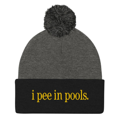 I Pee in Pools Embroidered Knit Pom Beanie - Dark Heather Grey/ Black