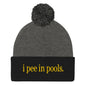I Pee in Pools Embroidered Knit Pom Beanie - Dark Heather Grey/ Black