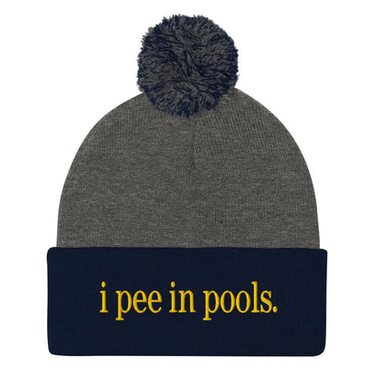 I Pee in Pools Embroidered Knit Pom Beanie - Dark Heather Grey/ Navy