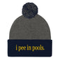 I Pee in Pools Embroidered Knit Pom Beanie - Dark Heather Grey/ Navy