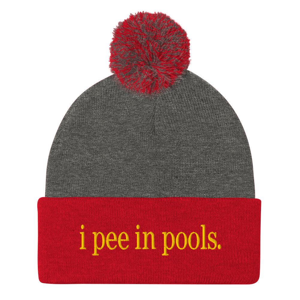 I Pee in Pools Embroidered Knit Pom Beanie - Dark Heather Grey/ Red
