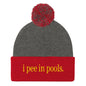 I Pee in Pools Embroidered Knit Pom Beanie - Dark Heather Grey/ Red