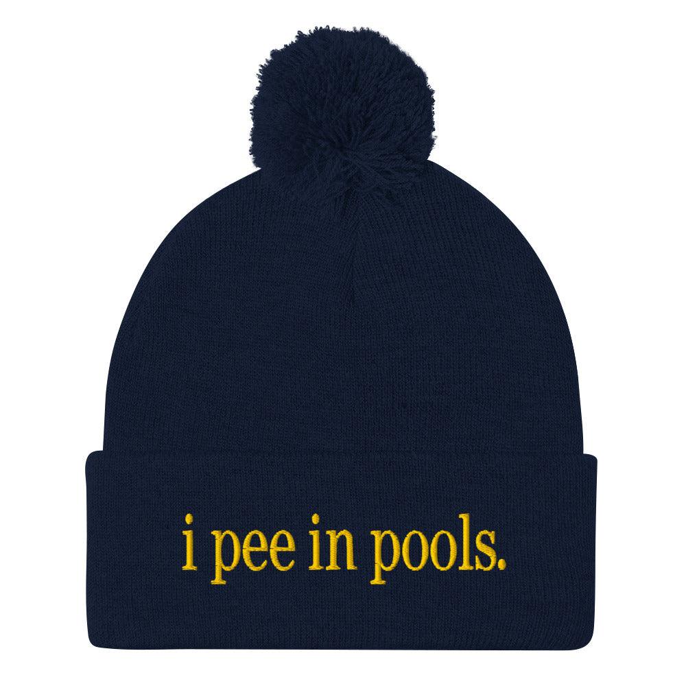 I Pee in Pools Embroidered Knit Pom Beanie - Navy
