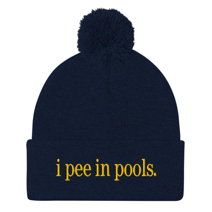 I Pee in Pools Embroidered Knit Pom Beanie - Navy