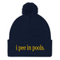 I Pee in Pools Embroidered Knit Pom Beanie - Navy