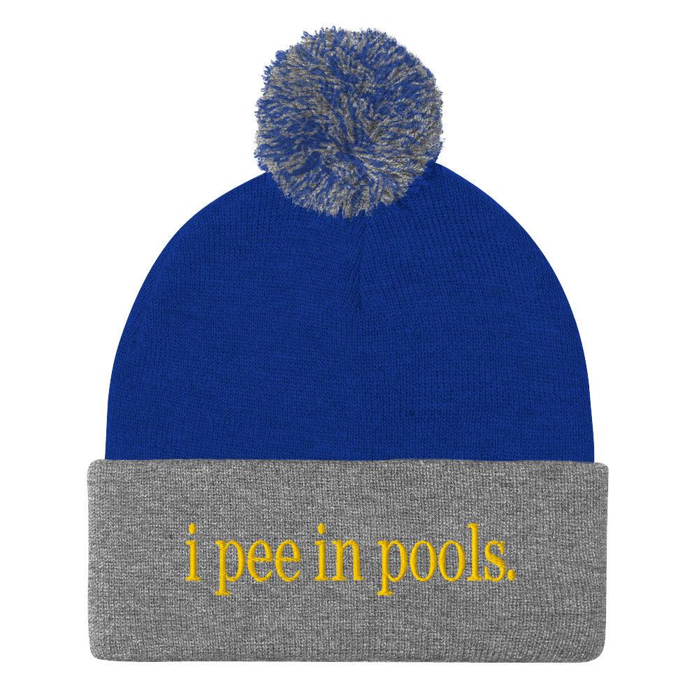 I Pee in Pools Embroidered Knit Pom Beanie - Royal/ Heather Grey