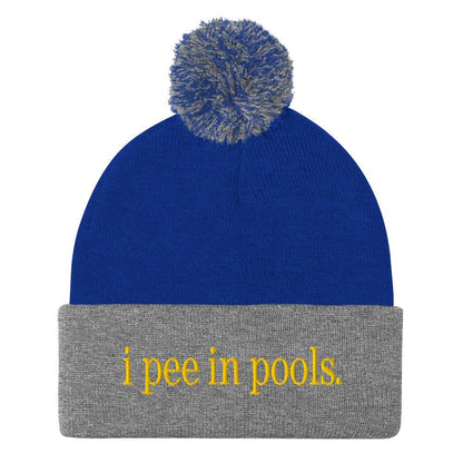 I Pee in Pools Embroidered Knit Pom Beanie - Royal/ Heather Grey