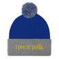 I Pee in Pools Embroidered Knit Pom Beanie - Royal/ Heather Grey